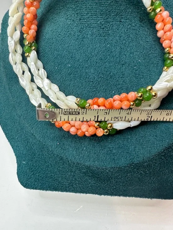 Vintage Mother Of Pearl Angel Skin Coral & Jade Bead Braided Necklace - Picture 5 of 8